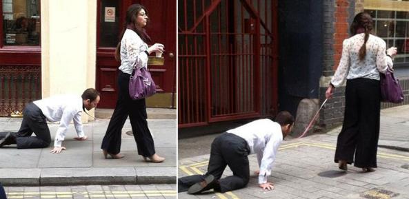 倫敦街頭驚現女子牽狗繩“遛男人”