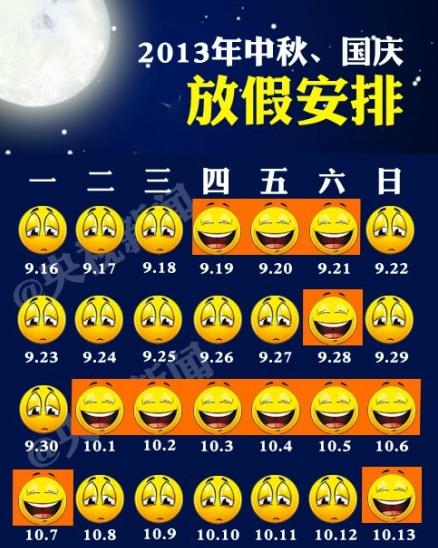 2013國慶放假安排,2013年十一放假安排,2013年國慶節放假安排