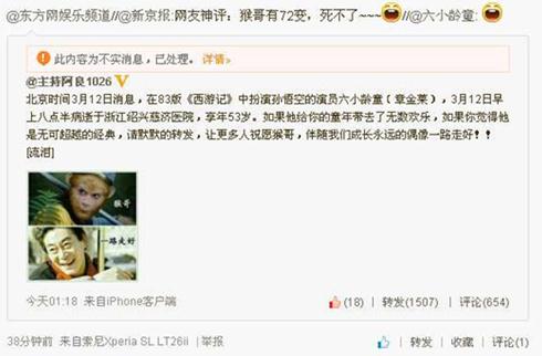 藝術家六小齡童被去世，微博轉發笑臉辟謠現身澄清公布造謠者QQ