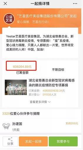 杭州藝星整形醫(yī)院報(bào)道：藝星集團(tuán)19城聯(lián)動(dòng)，23家機(jī)構(gòu)近4000人捐款160萬支援武漢戰(zhàn)疫